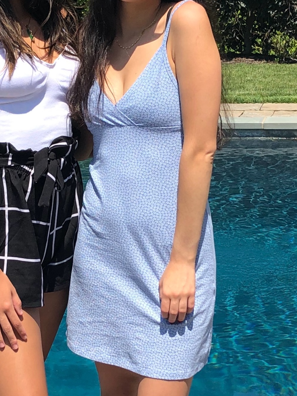 Brandy Melville Light Blue and White Floral Spaghetti Strap Mini Dress